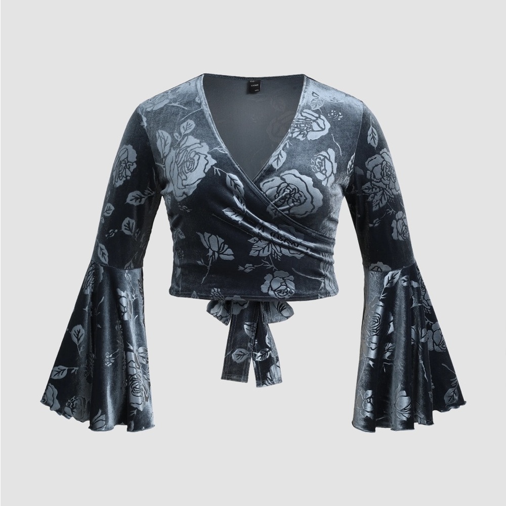 Floral Wrap Bell Sleeve Top - Grey
